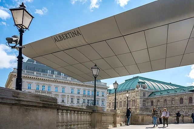 The roof canopy of the Albertina, with the Hotel Sacher on the left and the Vienna State Opera on the right