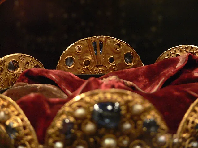 Close-up of the Imperial Crown of the Holy Roman Empire, seen from above at an angle