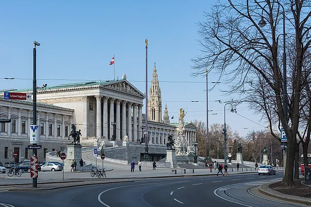 The Ringstrasse at Dr.-Karl-Renner-Ring, with the Parliament and the Rathaus in the background